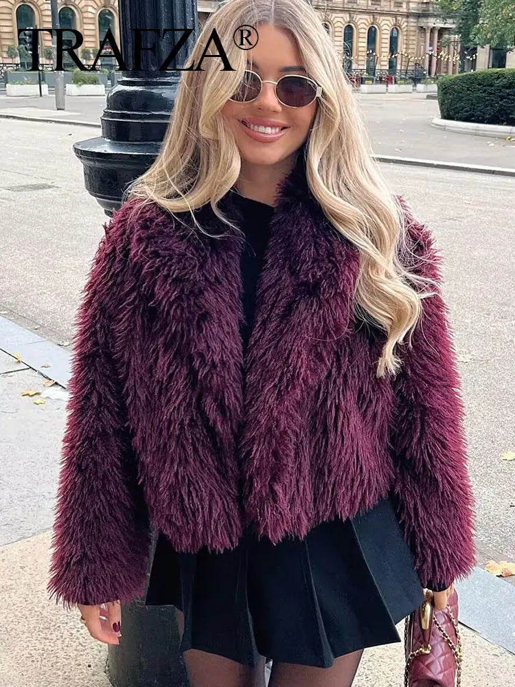 

TRAFZA Vintage Woman Burgundy Faux Fur Coat Lapel Short Jacket 2025 Winter Chic Warm High Street Women's New In OuterCoat