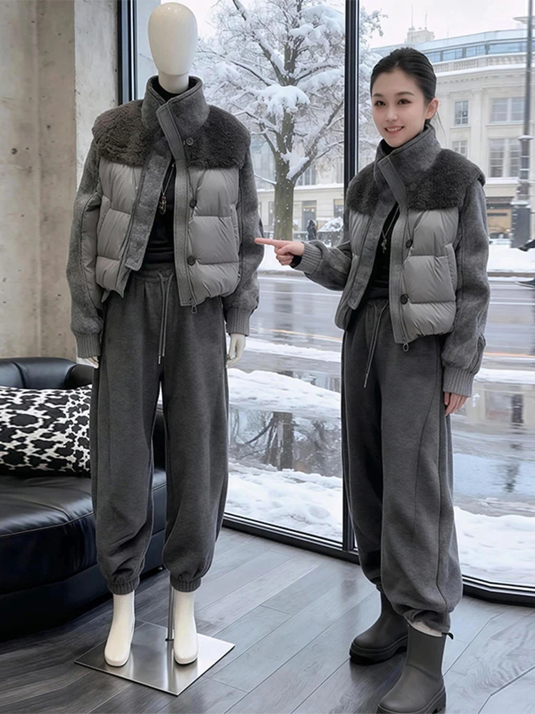 

Trendy Lamb Fur Plaid down Cotton Casual Wide Leg Pants Two Piece Set Women's Fashionable Autumn Winter Warm Thickened Zipper