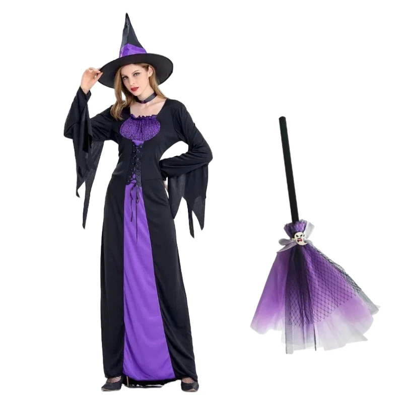 

Halloween Witch Costume Cosplay Ghost Vampire Cos Black Purple Dress with Hat Broom Full Set Role Play Outfit for Women