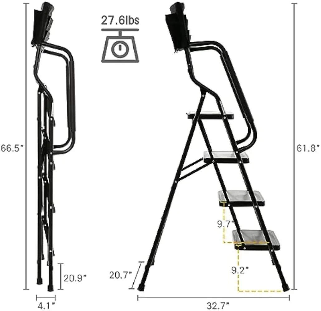 WiberWi 4 Step Ladder with Handrails 500 lb Capacity Step Stool Folding Portable Ladders for Home Kitchen Steel Frame with Non-S