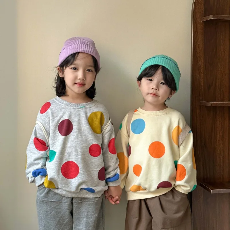 Spring Autumn Boys and girls colorful dot Hoodies unisex Kids soft loose O-Neck sweatshirts children Tops