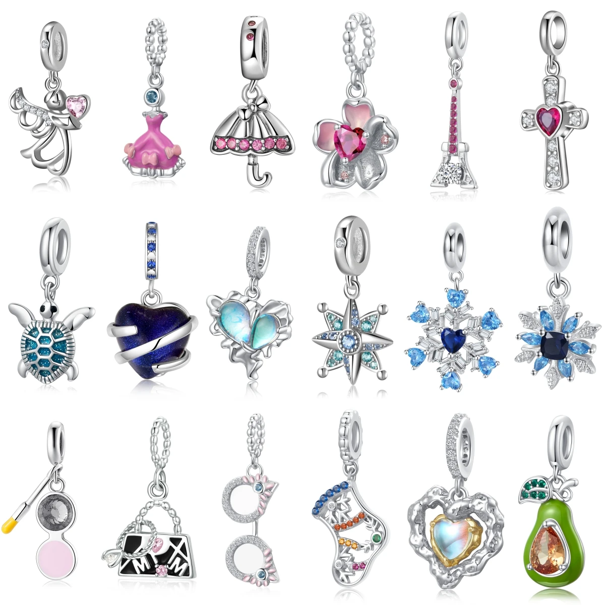 

925 Sterling Silver Umbrella Angel Snowflake Blue Pink Bag Glasses Zircon Charm Fit Original Bracelet Diy Accessories