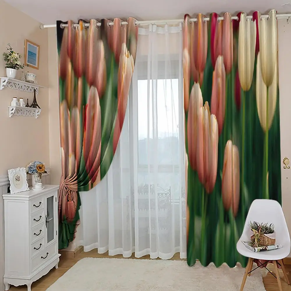 Luxury Blackout 3D Window Curtains For Living Room Bedroom pink tulip curtains Decoration curtains