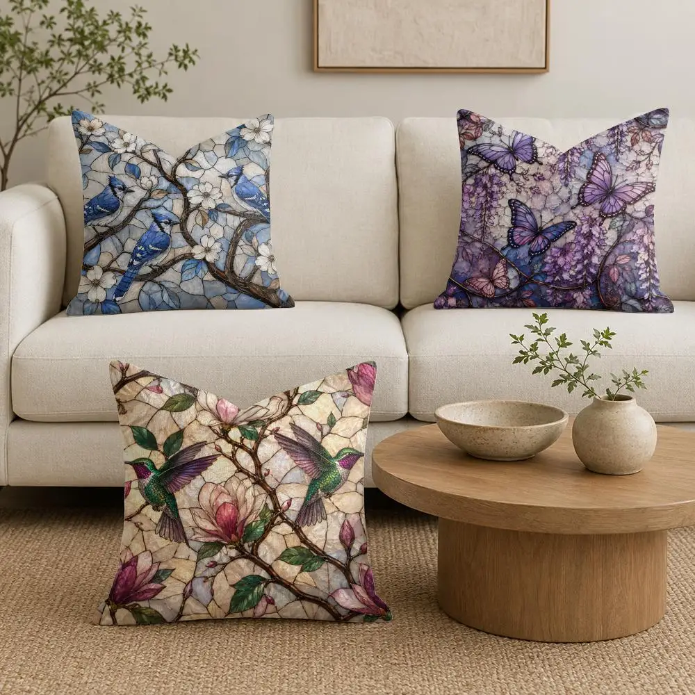 Stained Glass Creature Cushion Cover Summer Linen Pillow Case Organic Fabric Cushion Cover Double-Sided Print Sofa Home Decor