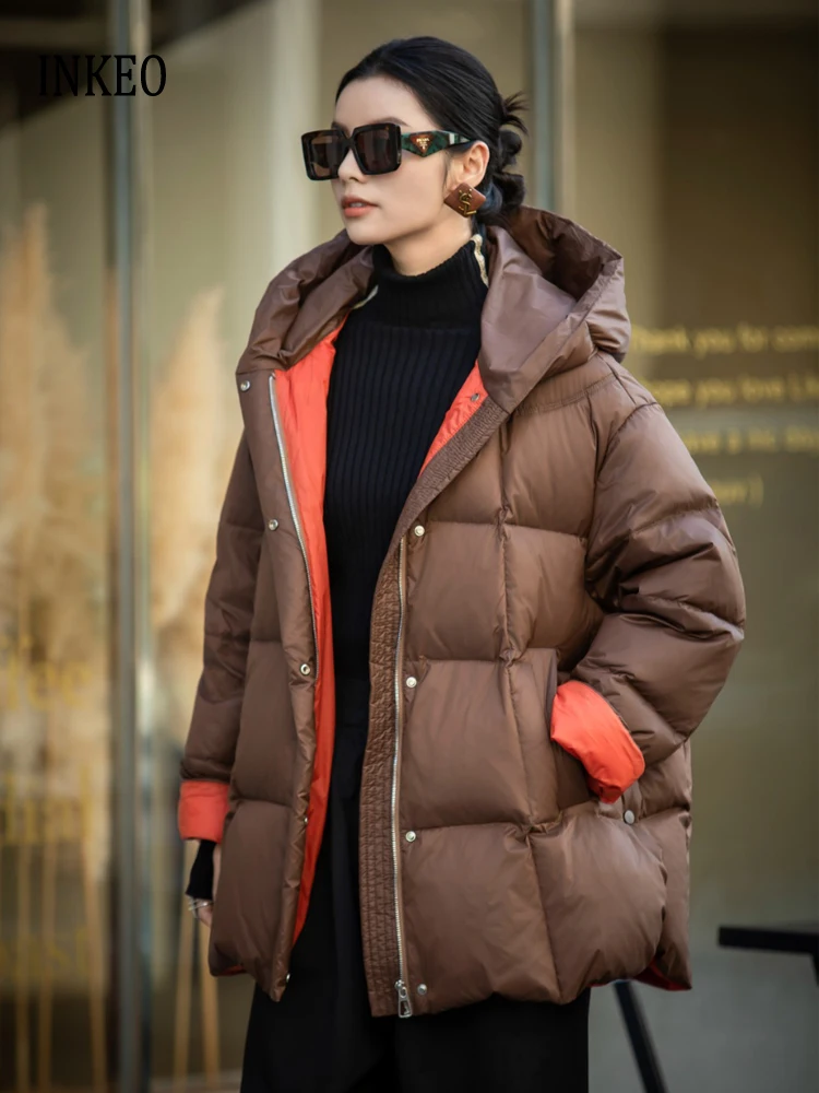 Fashion contrast color down jacket with hooded Women\'s 2024 Winter A-line long sleeve puffer coat Oversize Ladies INKEO DJ044