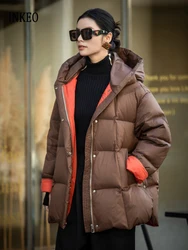 Fashion contrast color down jacket with hooded Women's 2024 Winter A-line long sleeve puffer coat Oversize Ladies INKEO DJ044