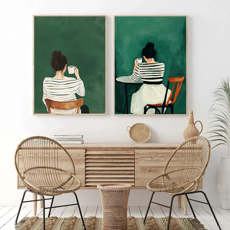 Green Stripe Woman Sleeping Drink Coffee Poster Print Wall Art, Abstract Canvas Painting for Living Room Decoration Aesthetic