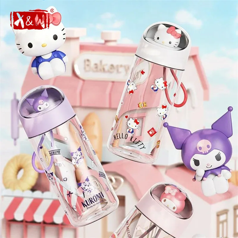 X&W Kawaii Sanrio Hello Kitty Black Rice Doll Cartoon Transparent Cup Summer Cold Drink Cup Outdoor Office Plastic Water Bottle