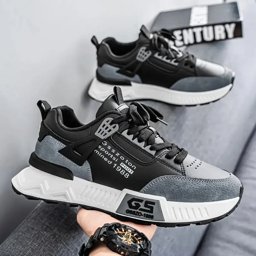 

Men's Black and Gray Color-Blocked Thick-Soled Dad Sneakers - Soft PVC Upper and Cushioned Sole Breathable Low-Top Lace-Up Shoe