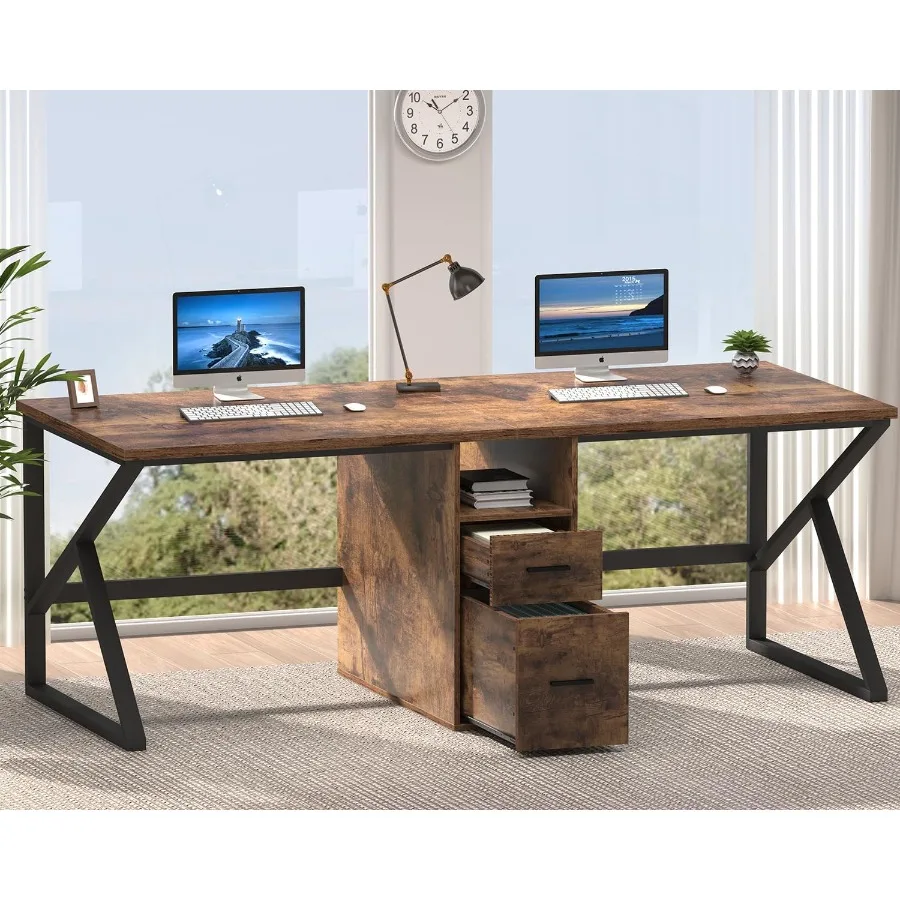 79 Two Person Office DeskLarge Double Long Pc Desk with File Drawer 2 Person Computer Desk with Storage Cabinet Shelf Industria