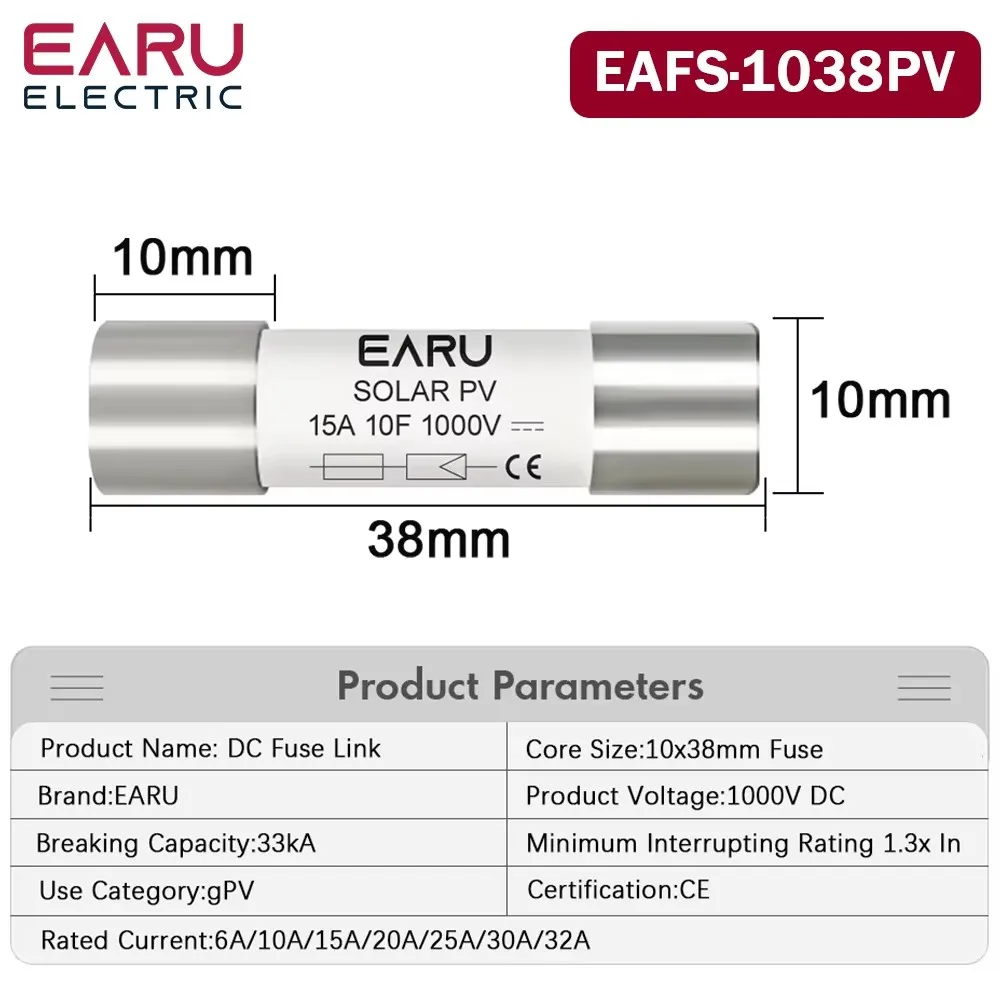 Solar DC 1000V PV Fuses 6A 10A 15A 20A 25A 30A 32A High Voltage for Solar System Protection