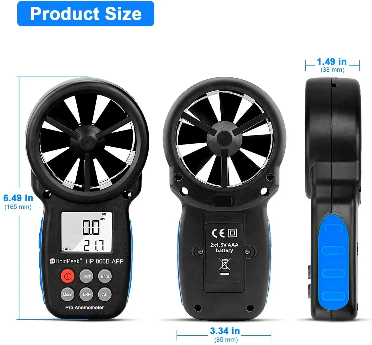 

Digital Anemometer 0.3~30m/s With Mobile APP Wind Speed Measurement Meter Measure Temperature Tester tools HoldPeak HP-866B-APP