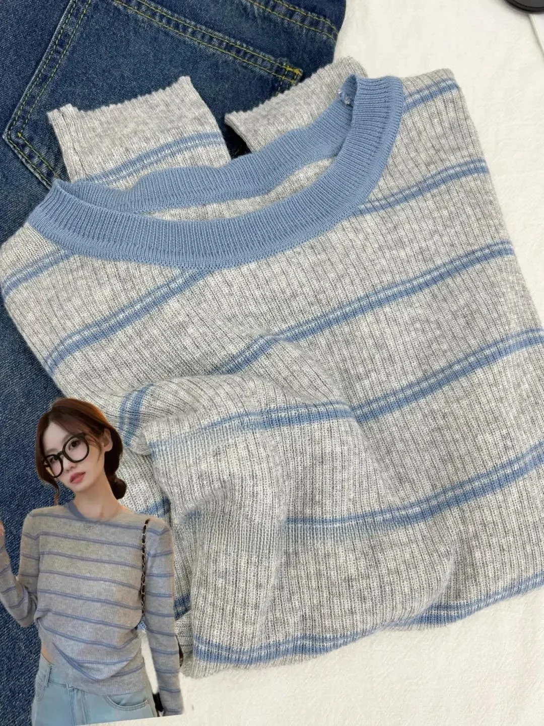

Sweet Stripe Color Blo Long Sve round Ne Knitted Sweater Women's Slimming Inner Wear Trendy College Sle Soft Fabric
