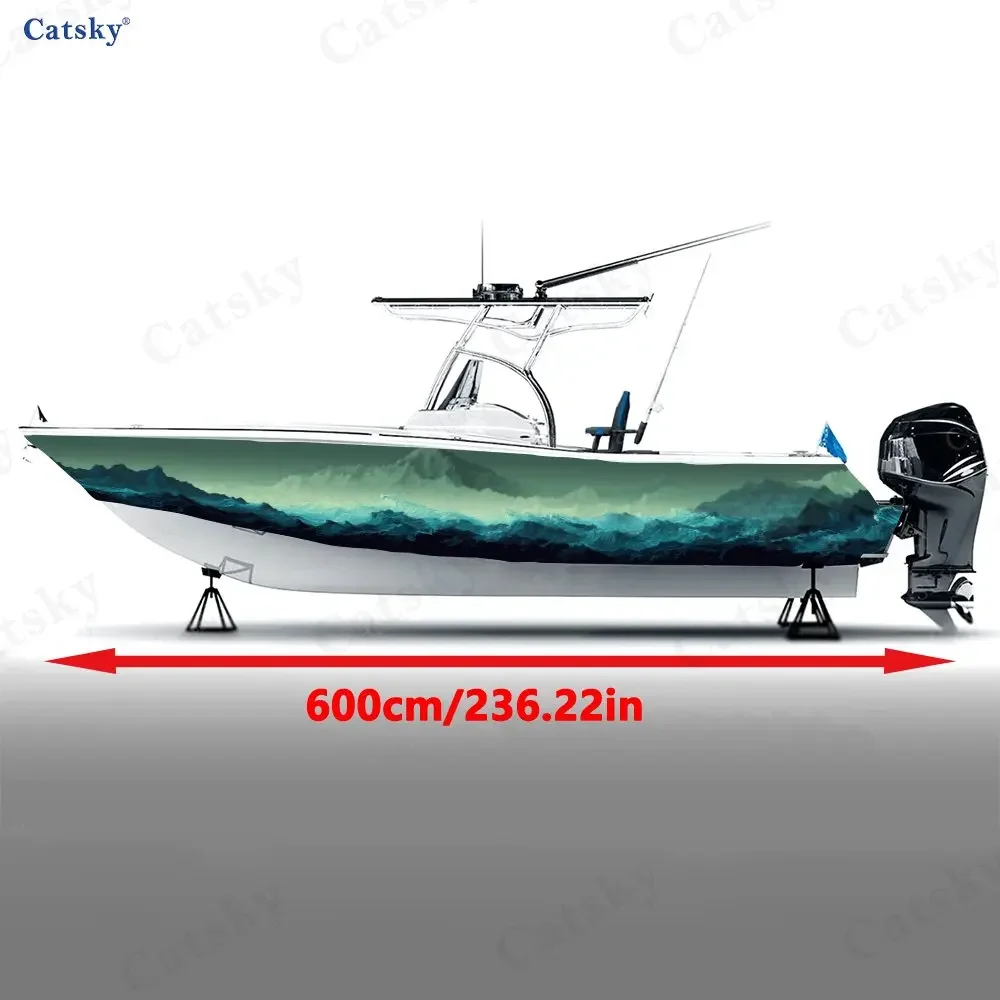 2Pcs Layered Green Waves Boat Stickers, PVC Waterproof Durable Vinyl Wrap Decals for Fishing Boats, Durable and Stylish Design