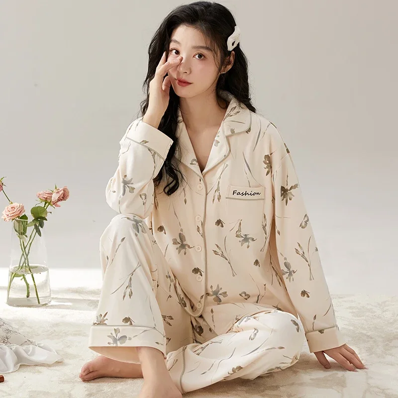 Korean Ins Cotton Cardigan Pajamas Women Spring and Autumn 2024 New Simple Long sleeve Homewear Set M-2XL Nightwear MujerPijamas