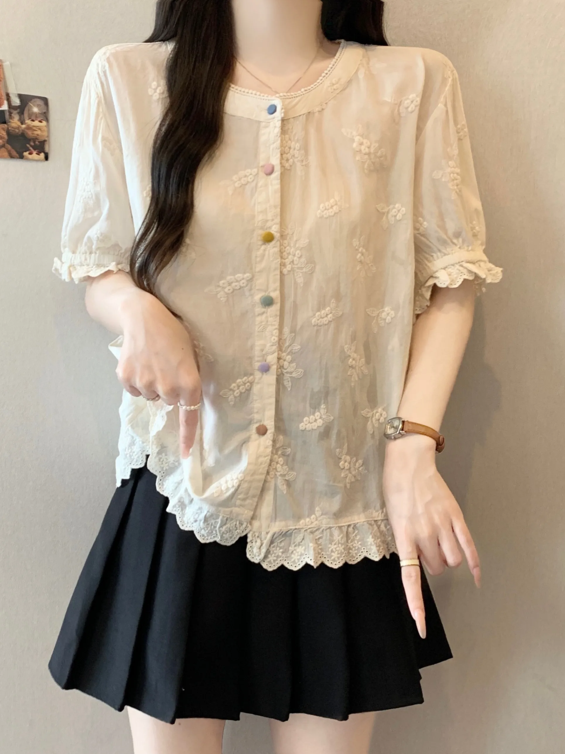 

plus Size Summer Korean Style Sweet Embroidery Short Sleeve Loose Belly Covering Slimming Versatile Women's Shirt Casual Wear