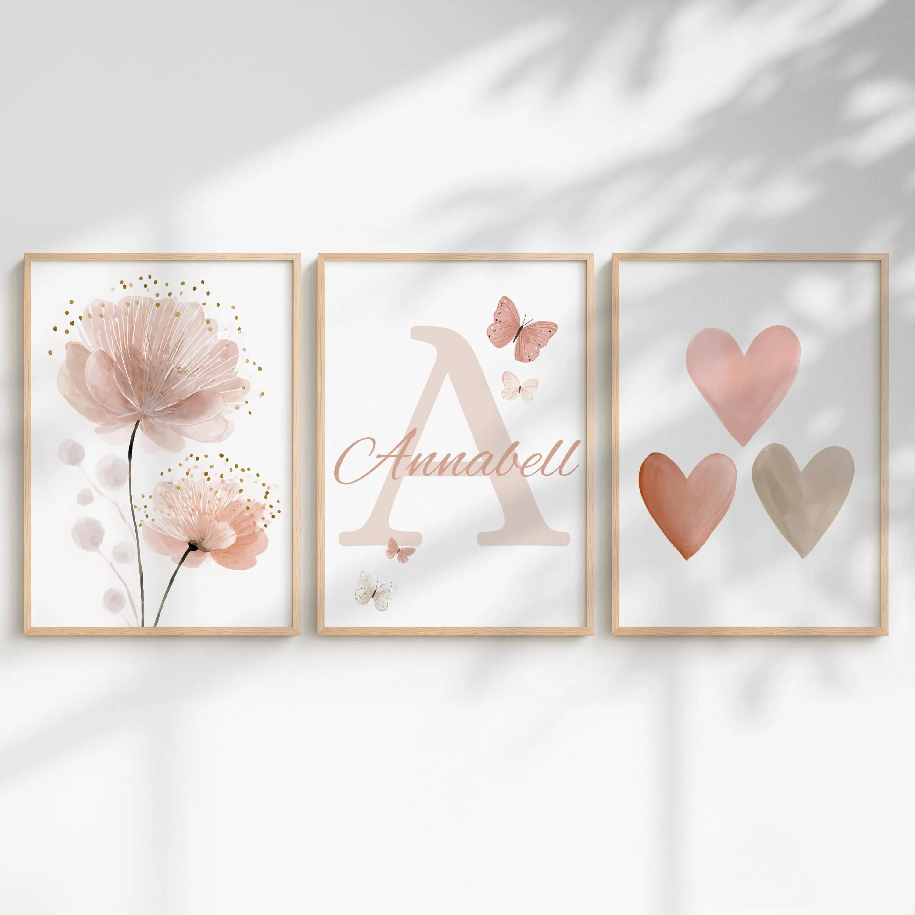 3pcs/set Bohemian Flower Heart Custom Name & Initials Canvas Printing Butterfly Nursery Wall Art Poster Suitable for Home Decor