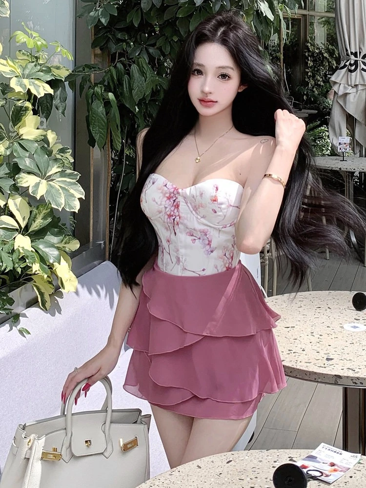 

Retro sexy printed slim fit strapless vest with high waist layered design chiffon short skirt summer elegant two piece set