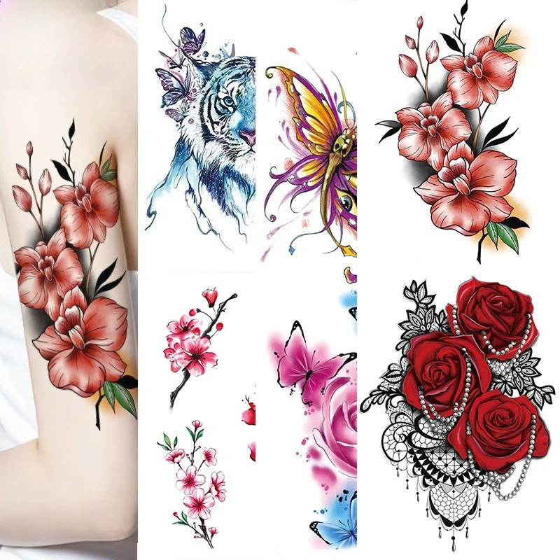 Waterproof Temporary Tattoo Sticker Flower Rose Flash Butterfly Lace Lady Body Art Arm Fashion Fake Sleeve Women