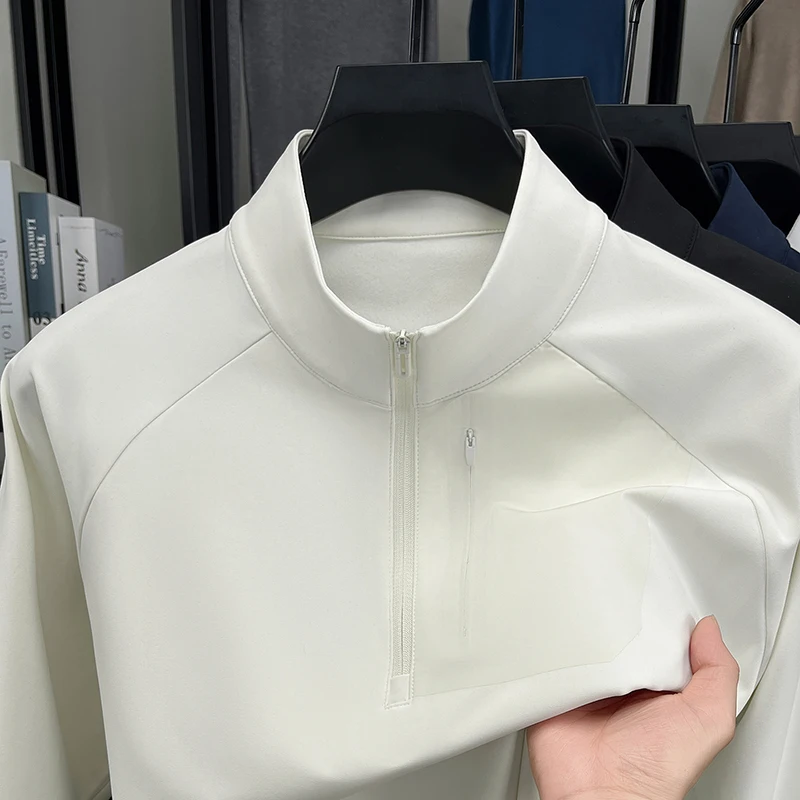 

Мужская весна-осень 2025 года, новый стиль, мужская футболка с длинным рукавом на молнии, повседневная рубашка-поло, деловая базовая рубашка