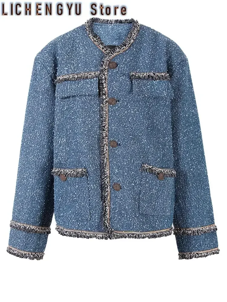 

Loose Fit Blue Denim Tassels Big Size Jacket New O-neck Long Sleeve Women Coat Fashion Tide Autumn Winter