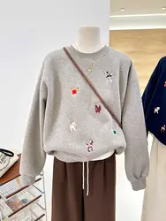 Autumn and winter warm plus velvet Korean cartoon embroidery puppy fashion long-sleeved pullover sweatshirt for women round neck