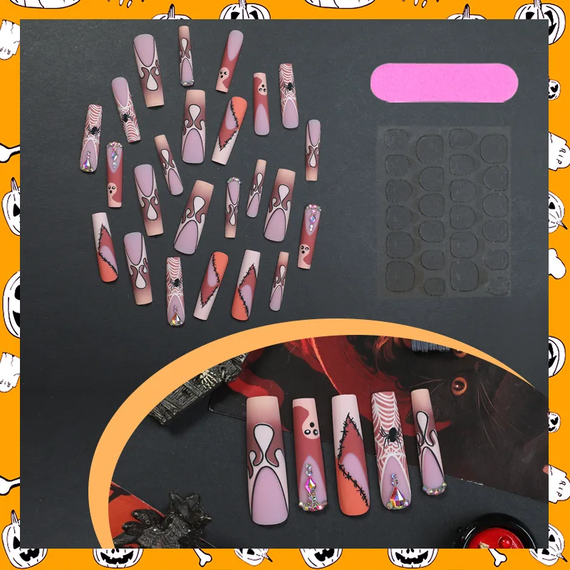 24 stuks lange doodskist nep nageltips Halloween spinnenwebprint druk op nagel draagbaar afneembaar Europese gotische punk kunstnagels