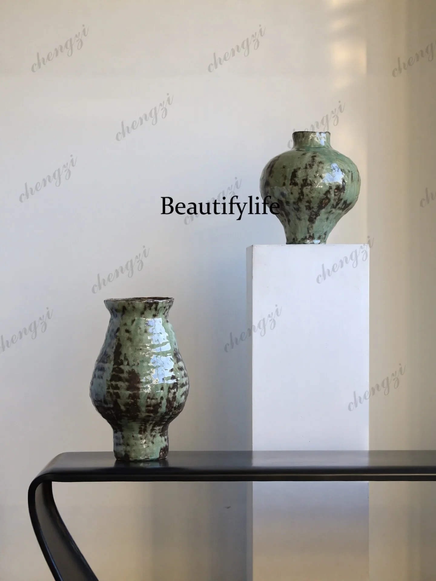 c139 Retro vase Jingdezhen ceramic ornament large diameter living room flower arrangement decoration light luxury high sense