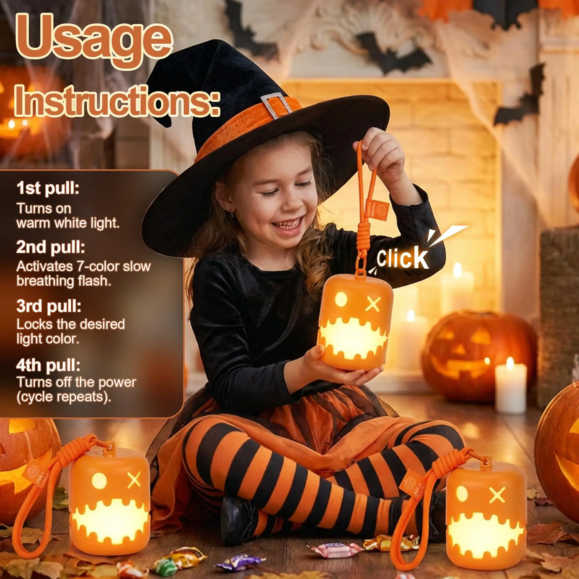 Halloween Jack-O-Lantern Pull String LED Night Light 7-Color & Warm White Rechargeable Decorative Lamp for Bedroom Camping