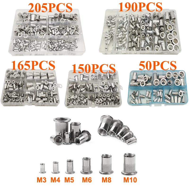 

50/150/165/190/205pcs Rivet Nuts Assortment Kit M3 M4 M5 M6 M8 M10 Aluminum Flat Head Thread Insert Rivet Nuts Set Mix Size