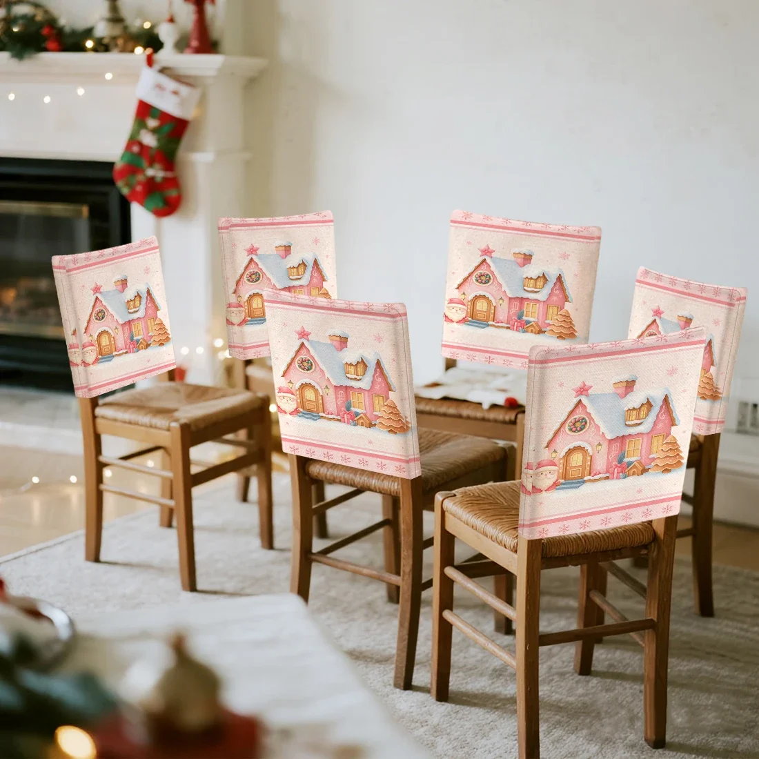 6pcs/set Pink Christmas Candy House Chair Cover Table Decoration Dining Seat Chair Covers Dining Room Bar Party Banquate