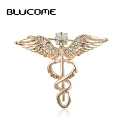 Blucome Crystal Rhinestone Double Snake Wing Shape Brooch Badge Gold color Medical Style Doctor Nurse Coat Decoration Suit Pins