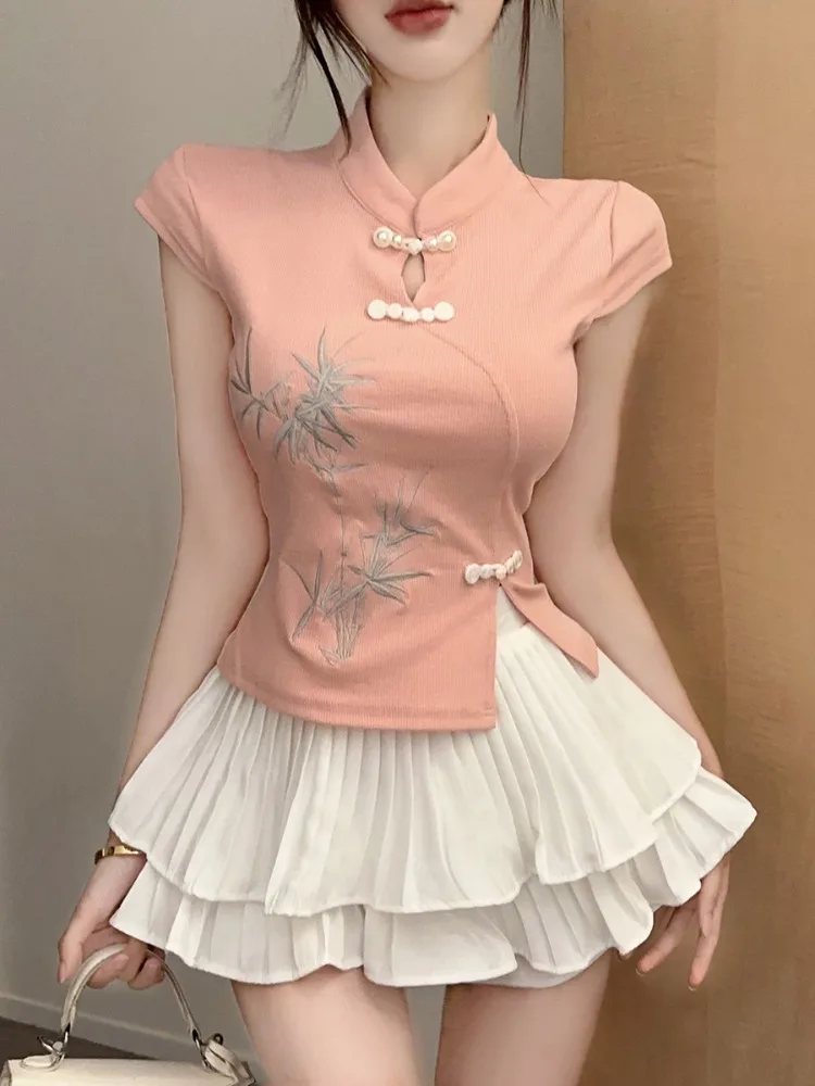 

Elegant Bamboo Embroidery Modified Qipao Top Women's Sweet Short Sleeve T-Shirt Waist Cinched Button Design Korean Style Commute