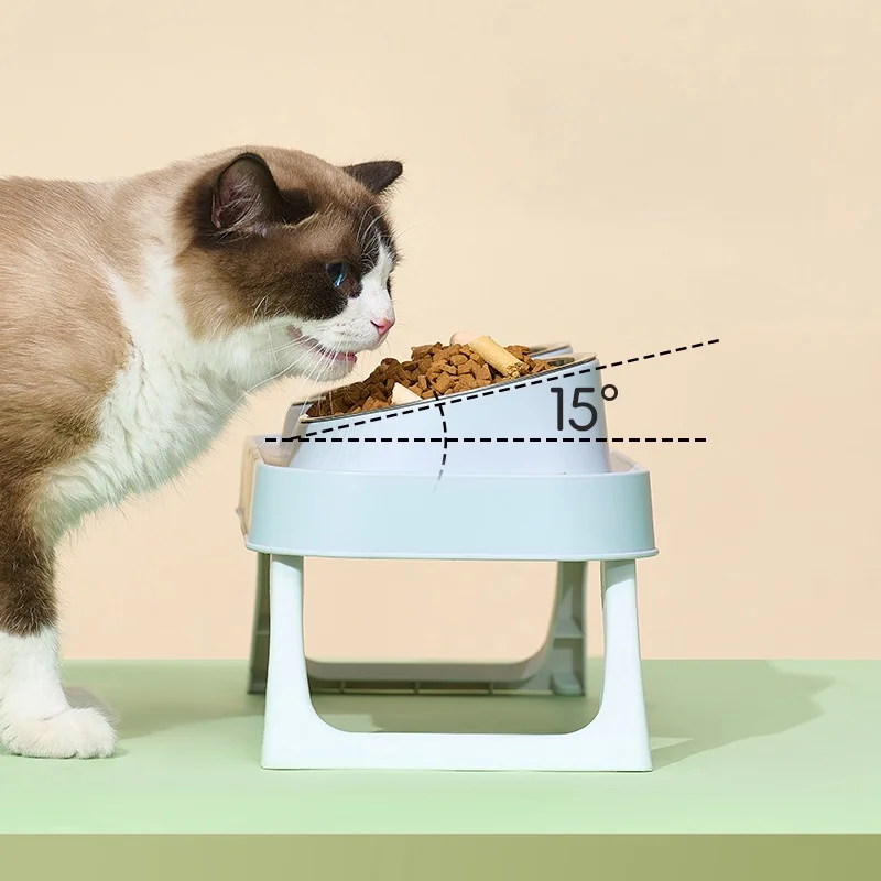 ​​15° Elevated Pet Feeder: Portable Foldable Dual Stainless Steel Bowls with Non-Slip Base - Neck Support for Cats and Dogs​