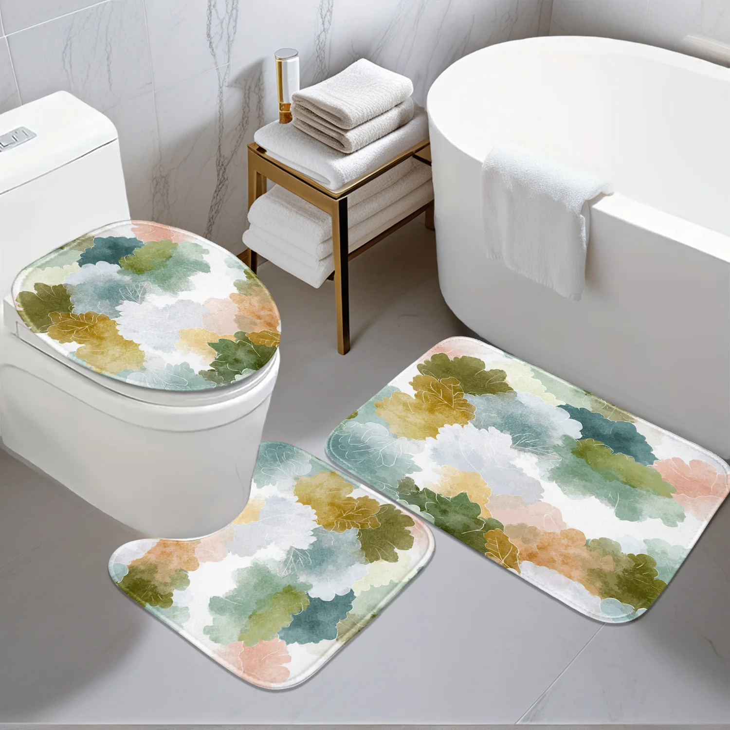 

Bathroom Anti-Slip Mat Set - 3pcs Kit with Fresh Watercolor Leaf 2D Flat Design Print, Includes Non-Slip Mat, U-Shaped Mat & Toi