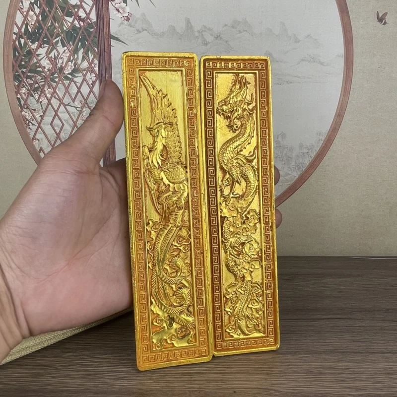 Gilding Dragon and Phoenix Paperweight Gold Bars Home Crafts Decoration Office Copper Crafts Gift