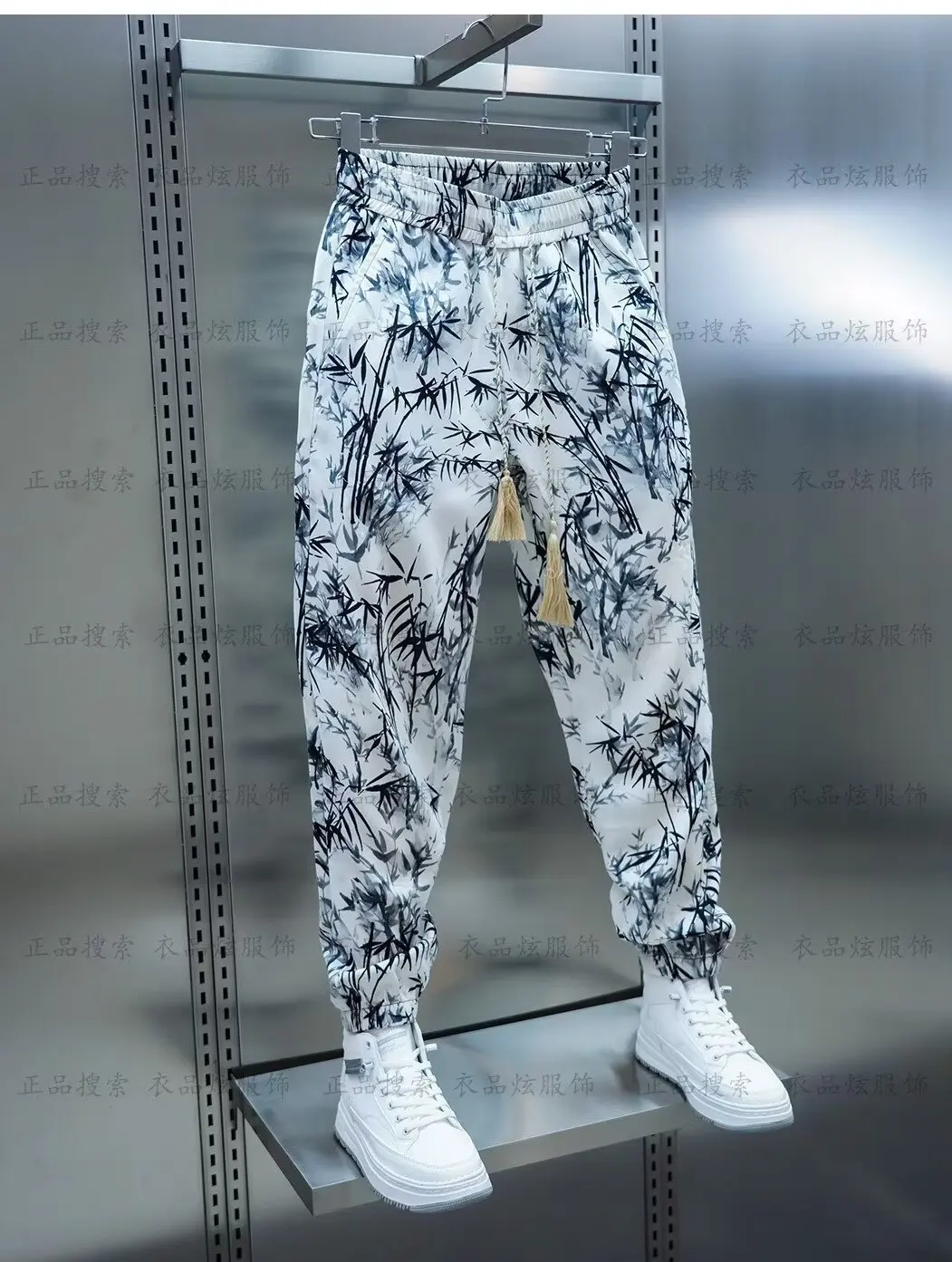 Calça Harem Respirável Masculina, Bamboo Printed Joggers, Calças de Cordão, Streetwear Casual, Verão 2024