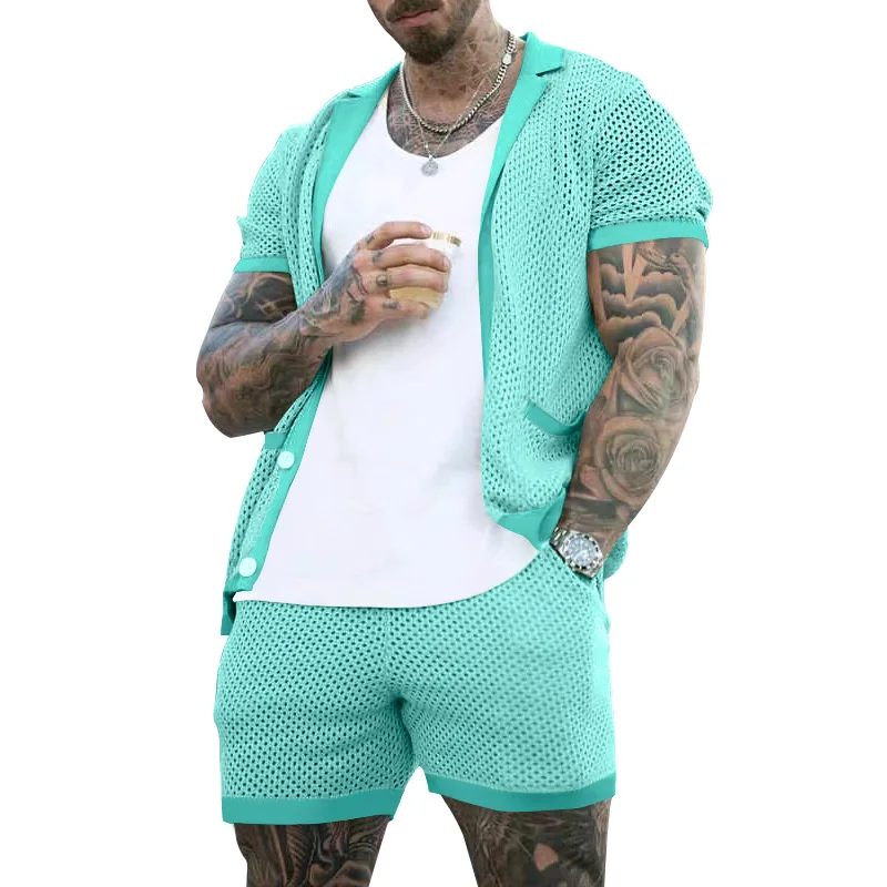 2026 Sommer Herren Ausgehöhltes Dünnes Zweiteiler-Set: Kühles, Atmungsaktives Kurzarm-Oberteil mit Passenden Shorts – Lässiges Alltagsoutfit im lockeren Schnitt – Detail 32