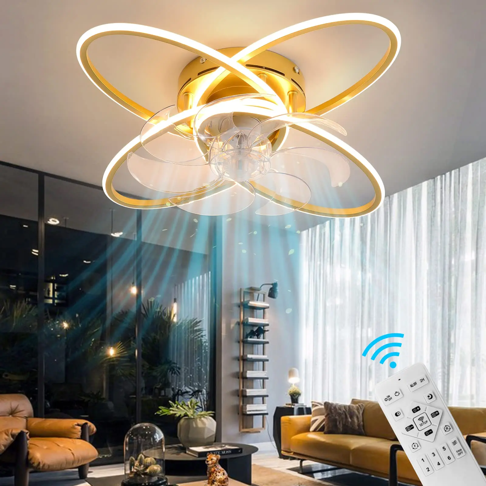 Modern Ceiling Fan with Lights Remote Control, Silent 6 Speed 3 Color Dimmable Ceiling Fan Lamp Fandelier with Invisible Blades