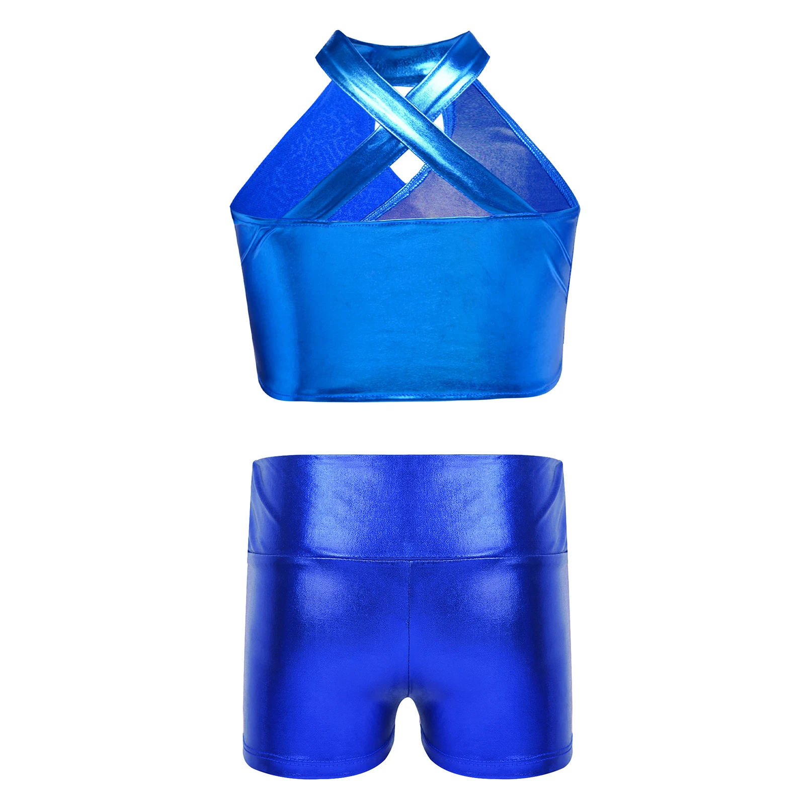 Kids Girls Metallic Dancewear Jazz Dance Outfit Hip Hop Costume Cross Keyhole Sparkly Sequins Crop Top with High Waist Shorts