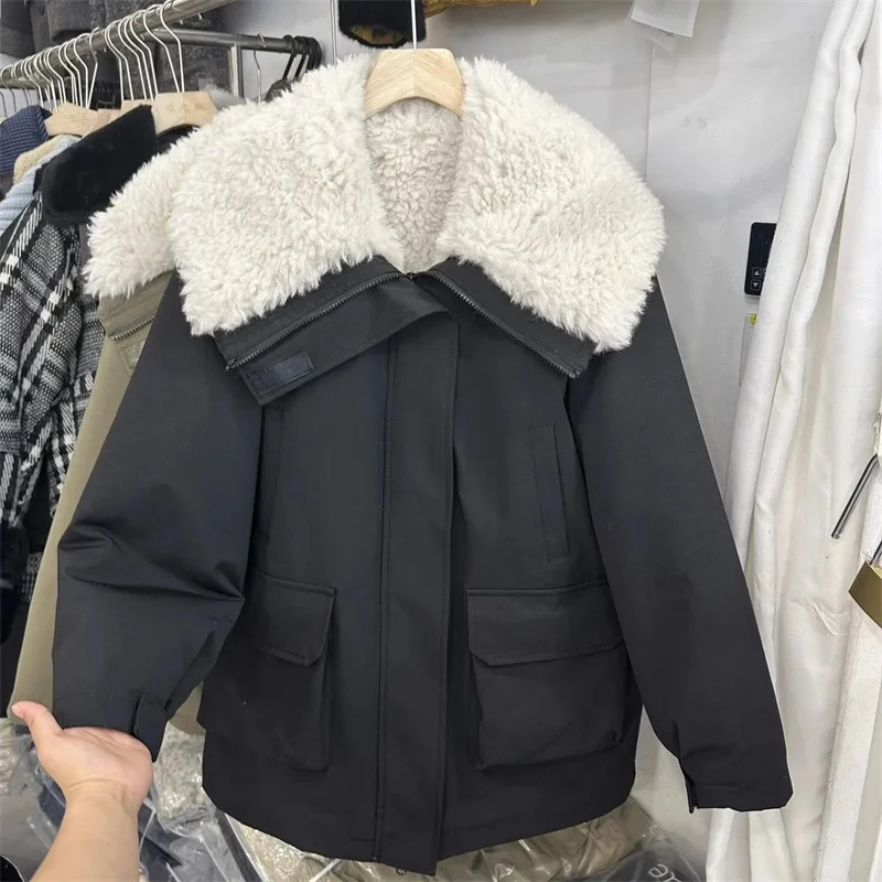 ファッションビッグカラーぬいぐるみ厚手カジュアルコットンコート女性新作2025冬ジャケットワークウェアスタイルパーカーコートトップス女性用