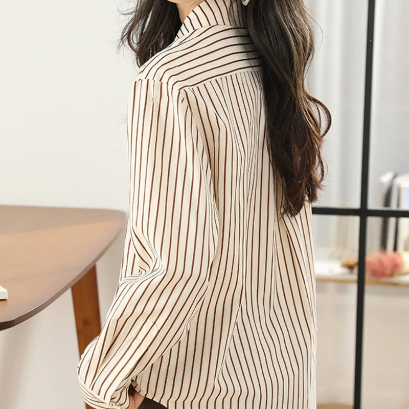 #2526 Striped Shirt Women Long Sleeve Office Womens Tops And Blouses Korean Style Loose Vintage Shirts Female Pockets Spring2024