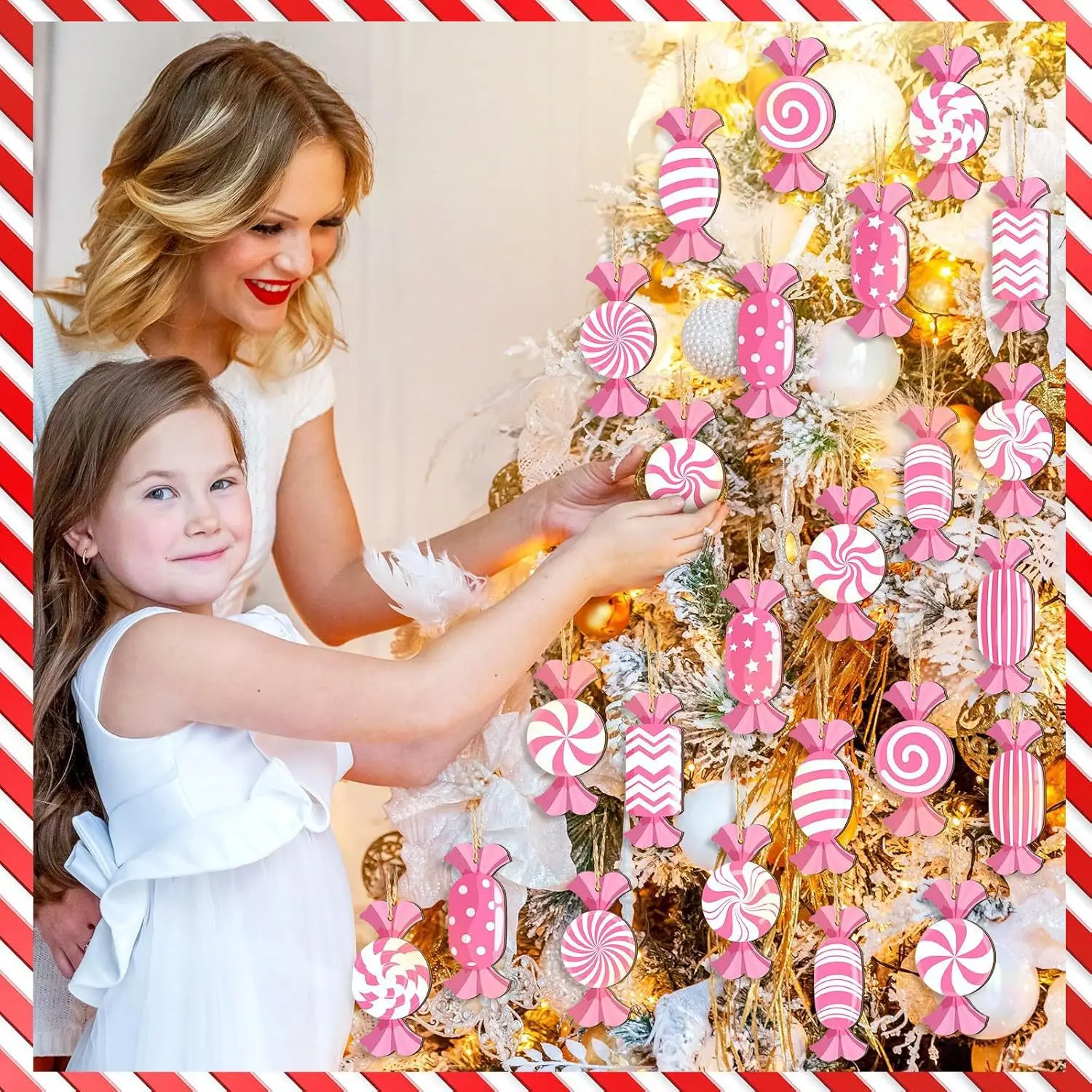 24pcs Christmas Pink Candy Ornaments White Pink Candy Christmas Tree Decorations Christmas Theme Party Supplies Christmas Tree P