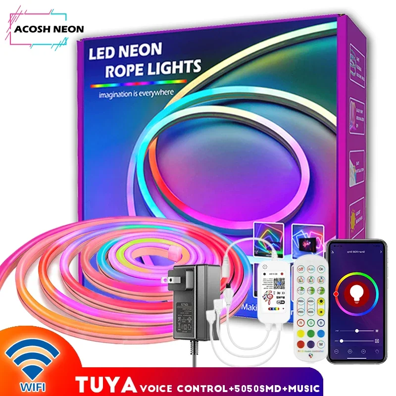 

10M/32.8FT Tuya RGB Neon Strip Lighting Led Strip Neon Lights WiFi Smartlife Flexible Led Rope Lights Living Gaming Room Decor