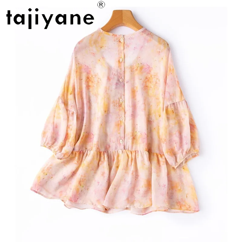 TAJIYANE 100% Mulberry Silk Woman Shirts Print Blouses Sun‑Protective Summer Tops for Women Clothing Transparent Shirt Thin 블라우스