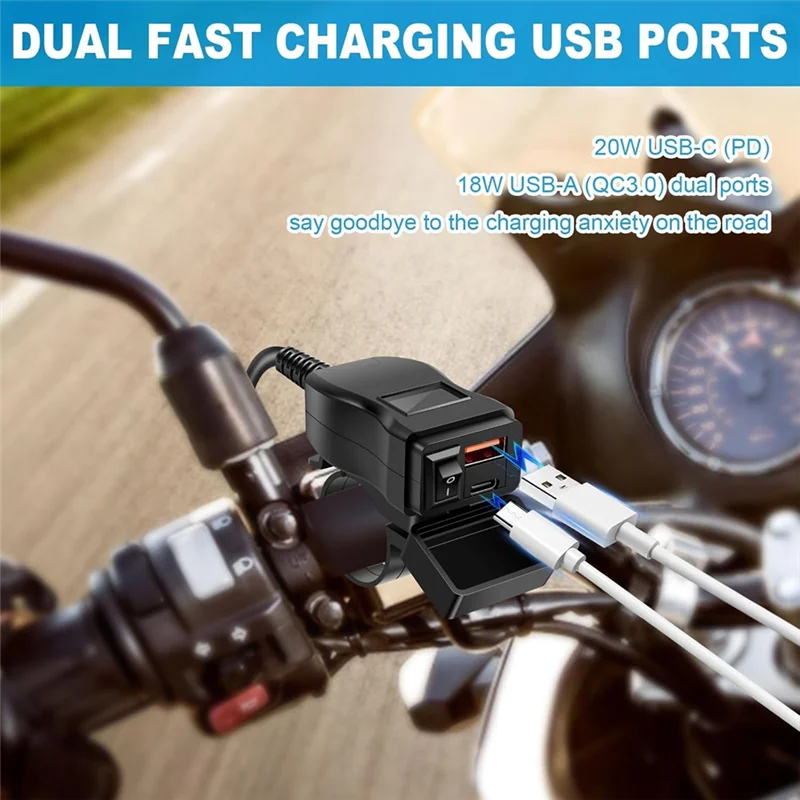 

Lasting Motorcycle USB Charger With Voltmeter USB-A+Type-C Motorcycle Charger Motorcycle Phones Fast Charger