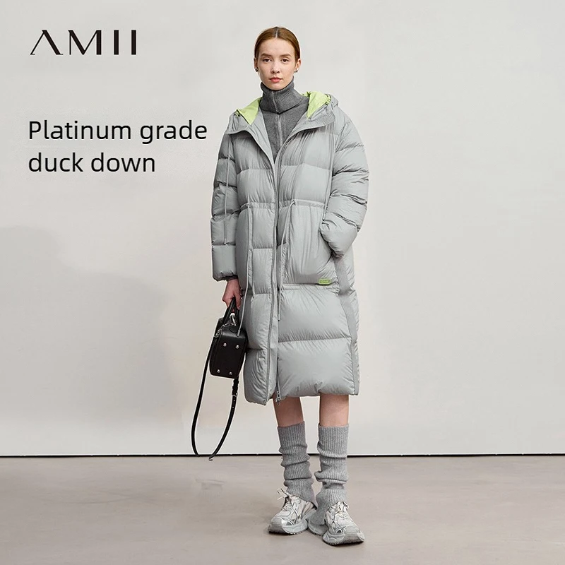 AMII Hooded Down Jacket 2026 Winter New Warm Zipper Long Sleeve 85% White Duck Down Coat Woman Loose Straight Long Coat 12524017
