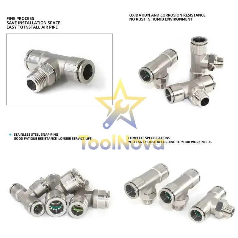 2026*Hotsale* 304 Stainless Steel Metal T-type External Thread Joint One Key Push in Connecting Pipe Fittings Pneumatic Quick