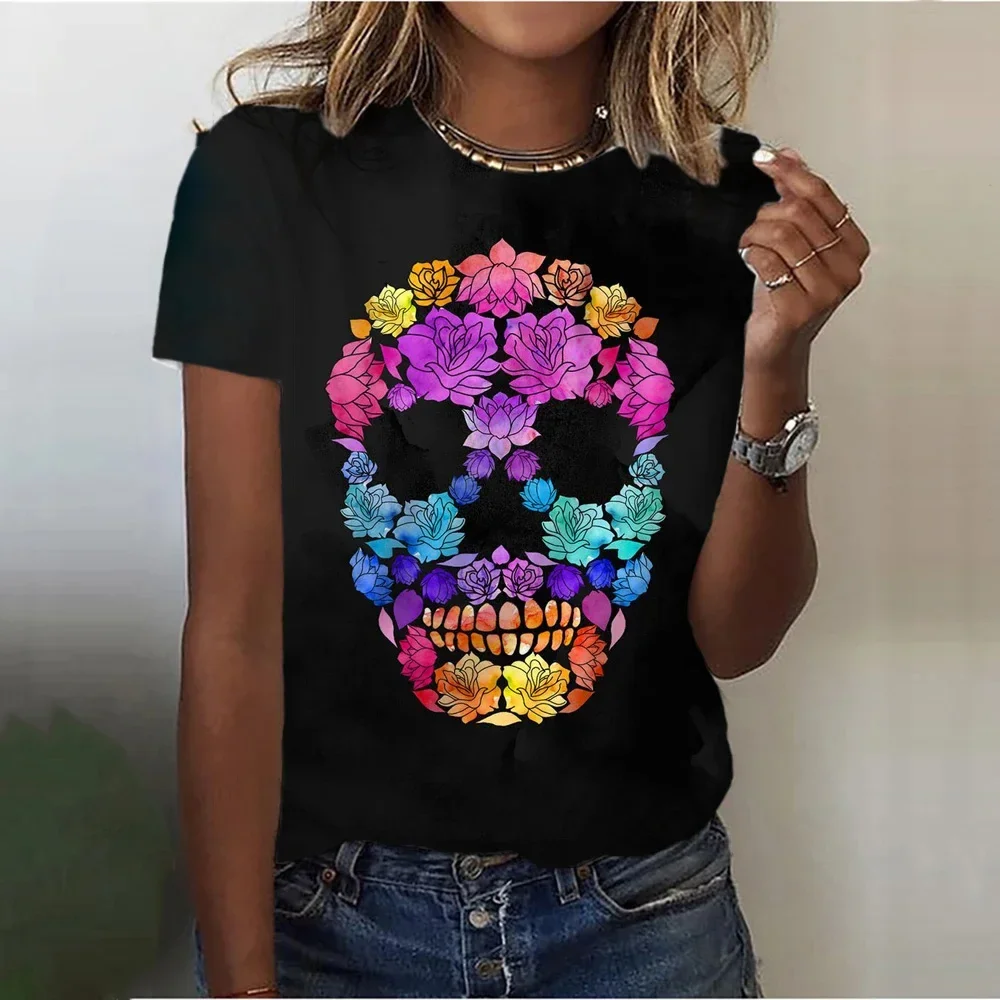 

Punk Womens T-shirt 3D Flower Skull Print Tees Tops 2024 New Harujuku Casual Short Sleeve T Shirt Oversized Loose Woman Clothes