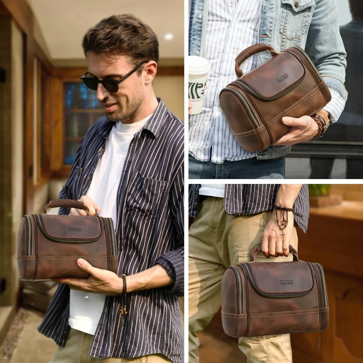 High Quality Men Business Travel Wash Toiletry Bag Crazy Horse Leather Washing Tool Storage Bag Cosmetics Handbag